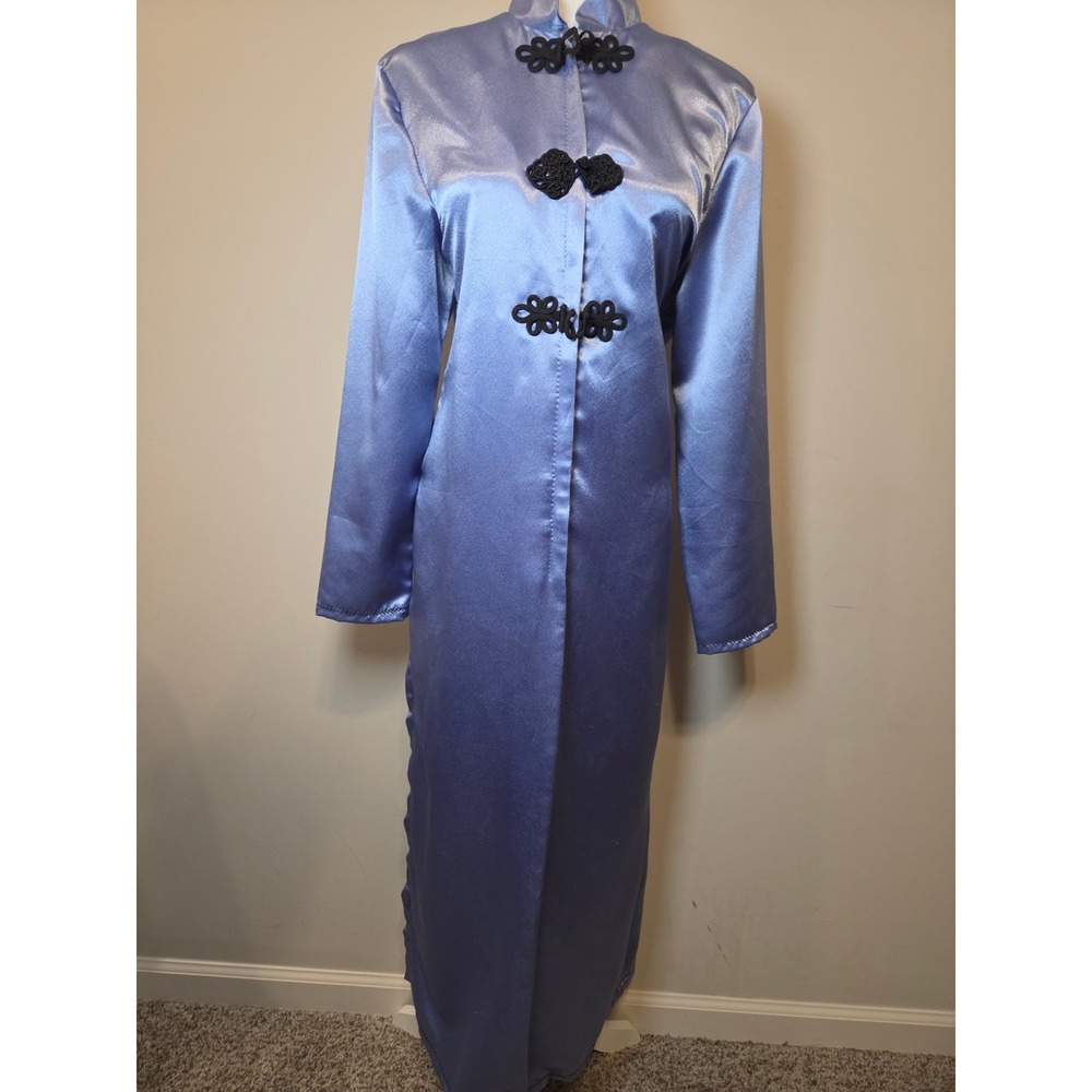 Vintage Blue Satin Mandarin Collar Maxi Dress Frog Closures Talon Zipper XL